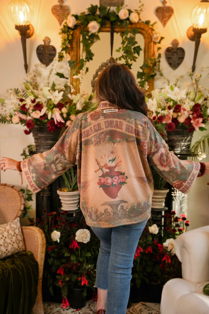 Cozy Courage Dear Heart Cottage Jacket featuring Victorian Sacred Heart art, hidden affirmations of courage and love, and soft fleece lining for cooler days – Market of Stars.