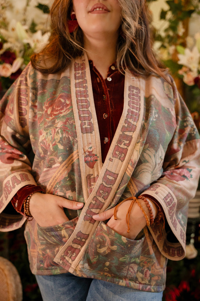 Cozy Courage Dear Heart Cottage Jacket featuring Victorian Sacred Heart art, hidden affirmations of courage and love, and soft fleece lining for cooler days – Market of Stars.