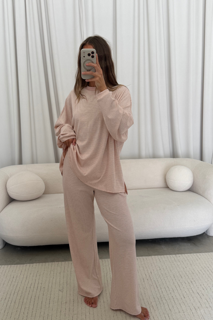 Crawford Striped Ribbed Pants in Baby Pink