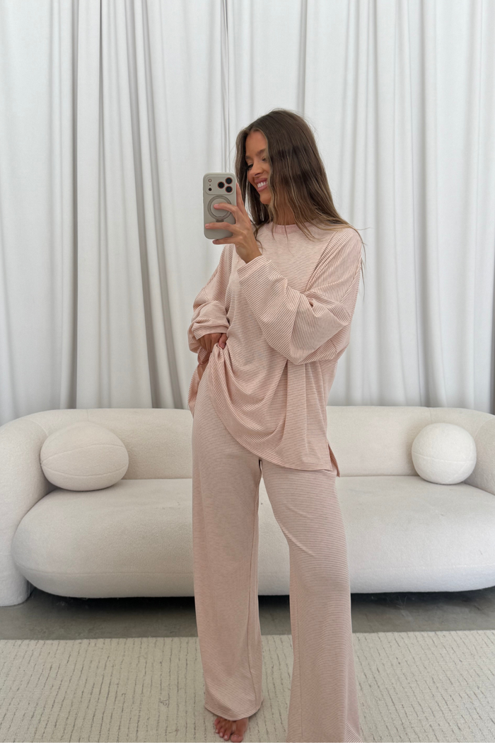 Crawford Striped Ribbed Pants in Baby Pink