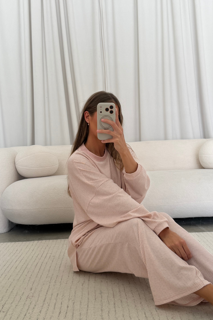 Crawford Striped Ribbed Pants in Baby Pink