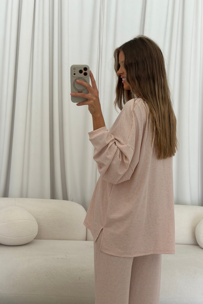 Crawford Striped Ribbed Pants in Baby Pink