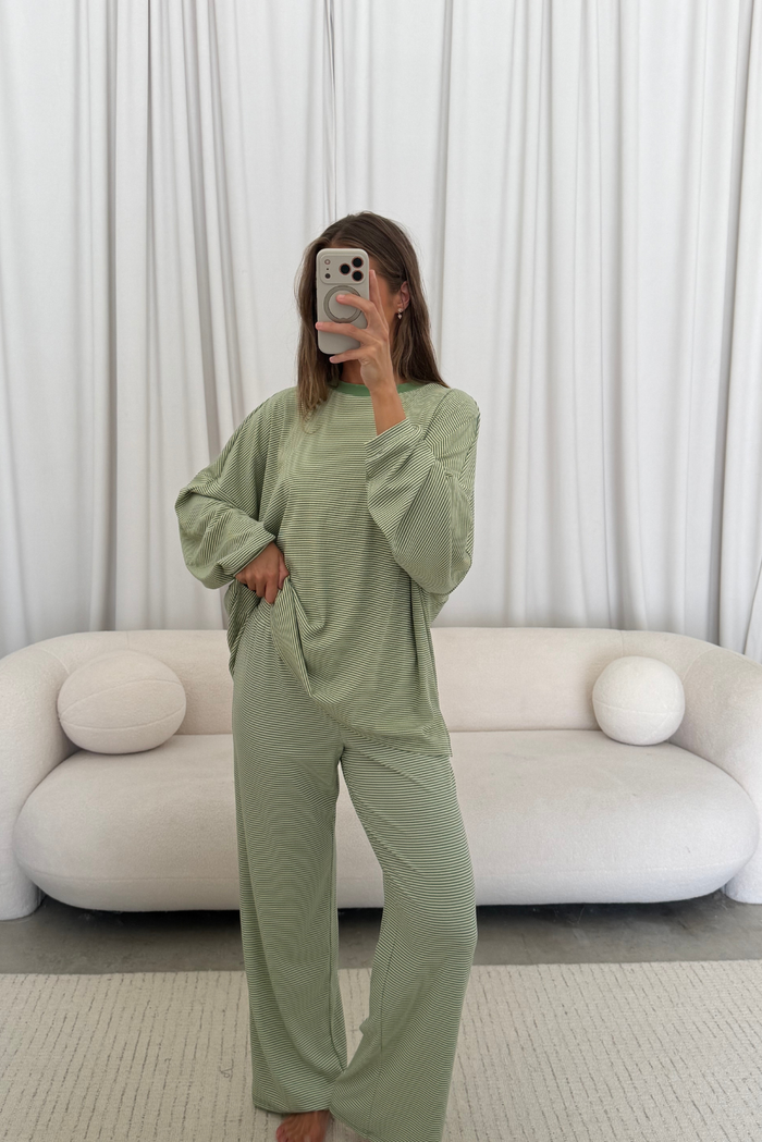 Crawford Striped Ribbed Pants in Green