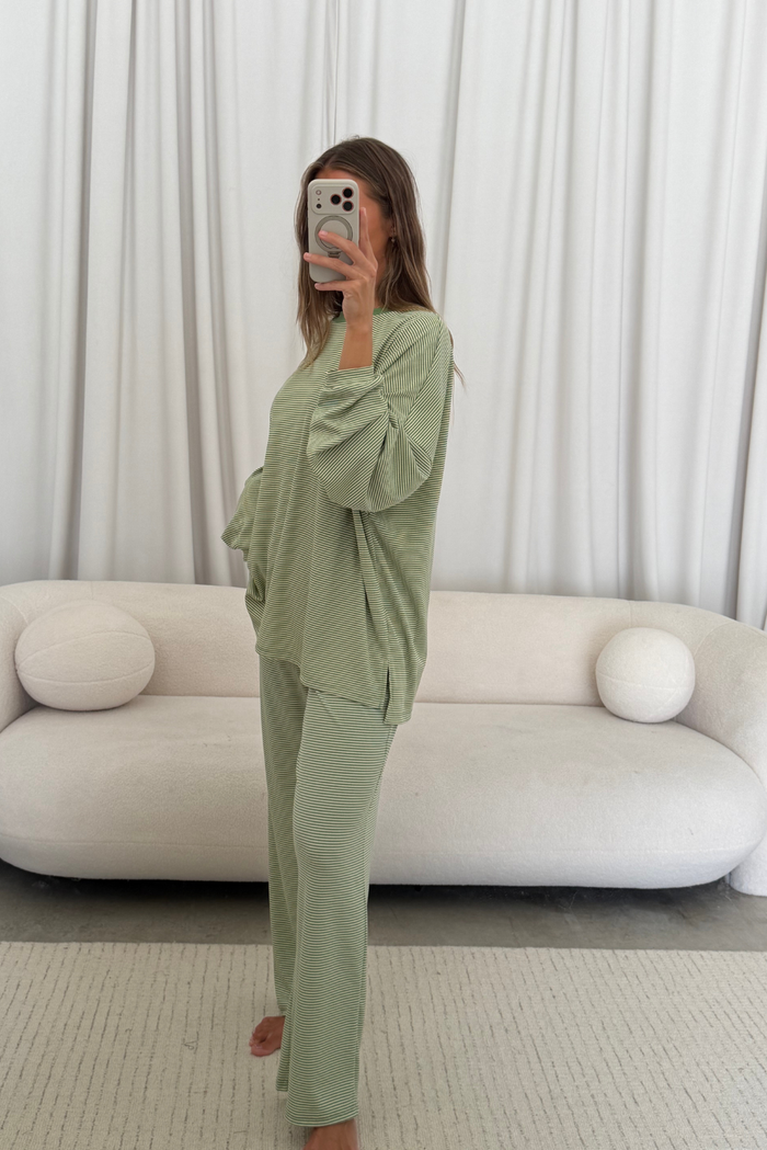 Crawford Striped Ribbed Pants in Green