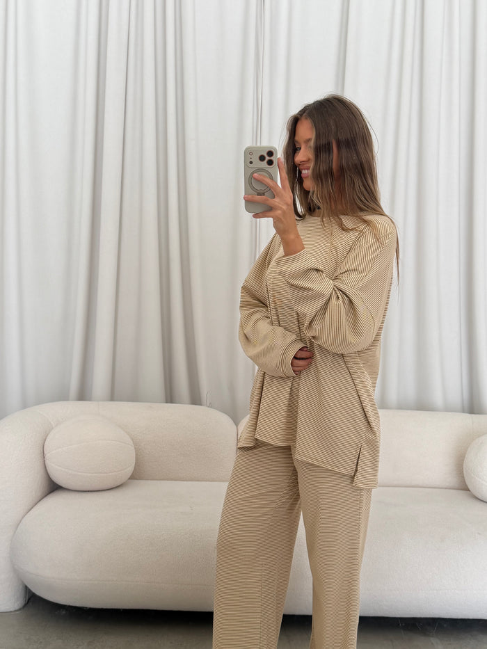 Crawford Striped Ribbed Pants in Latte