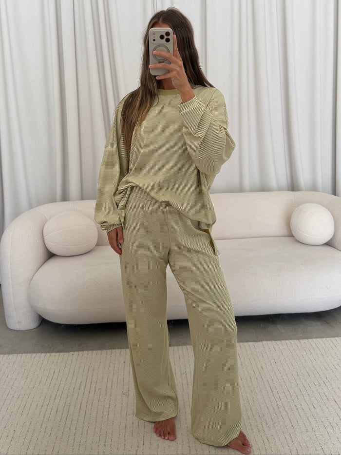 Crawford Striped Ribbed Pants in Sage