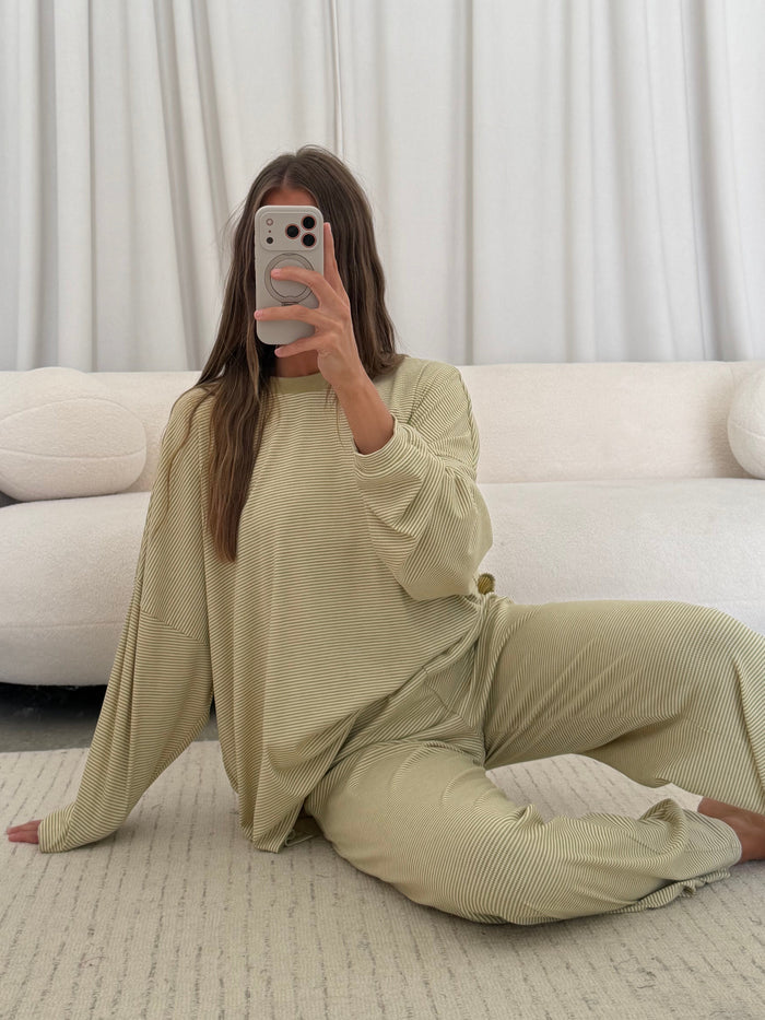 Crawford Striped Ribbed Pants in Sage