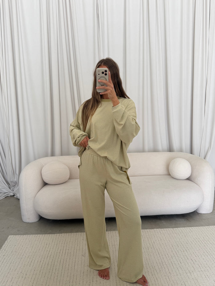 Crawford Striped Ribbed Pants in Sage