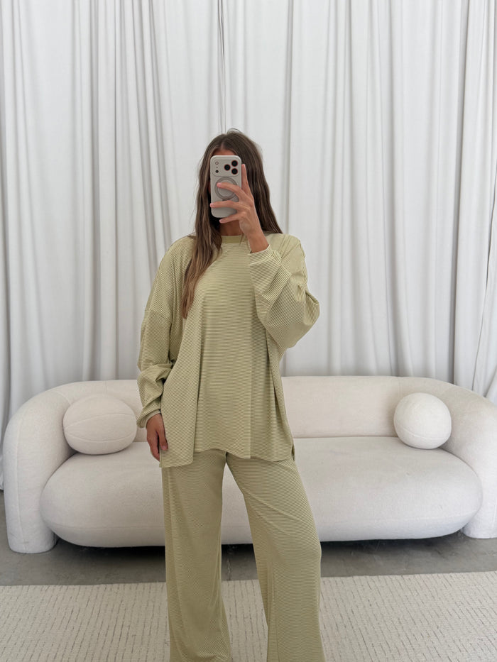 Crawford Striped Ribbed Pants in Sage