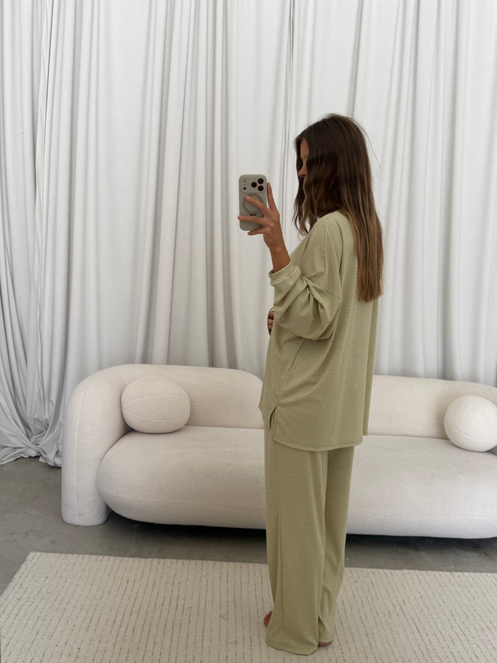 Crawford Striped Ribbed Pants in Sage