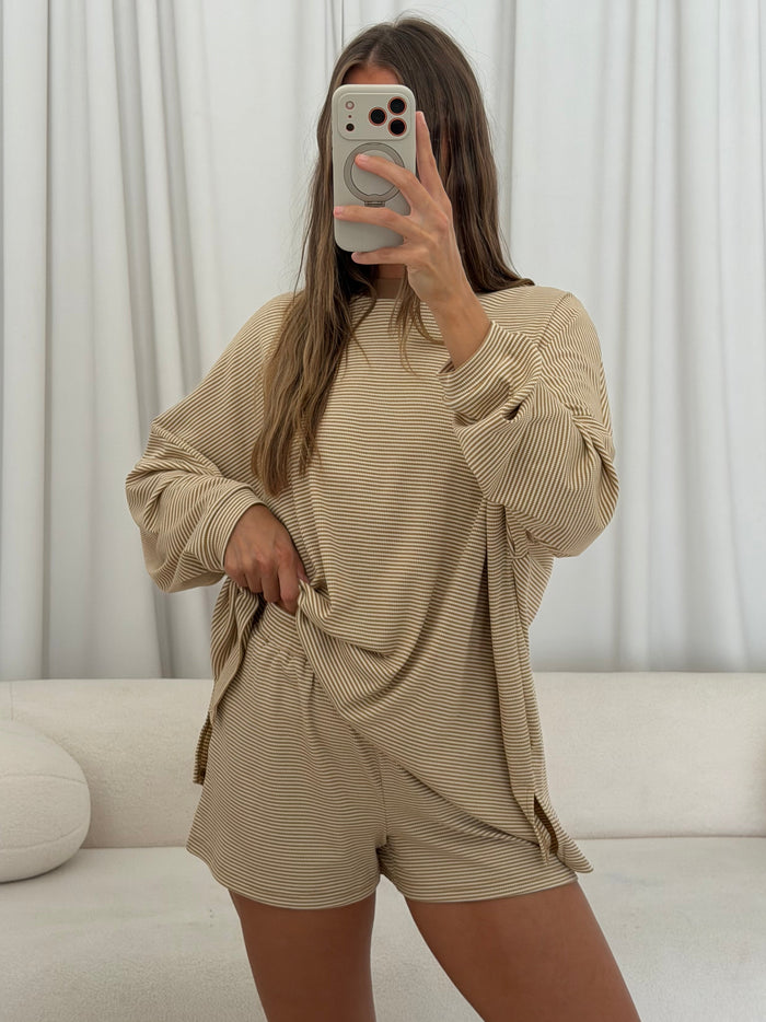 Crawford Striped Ribbed Shorts in Latte