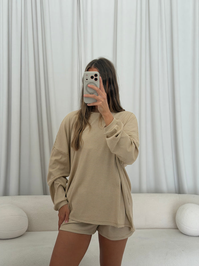 Crawford Striped Ribbed Shorts in Latte