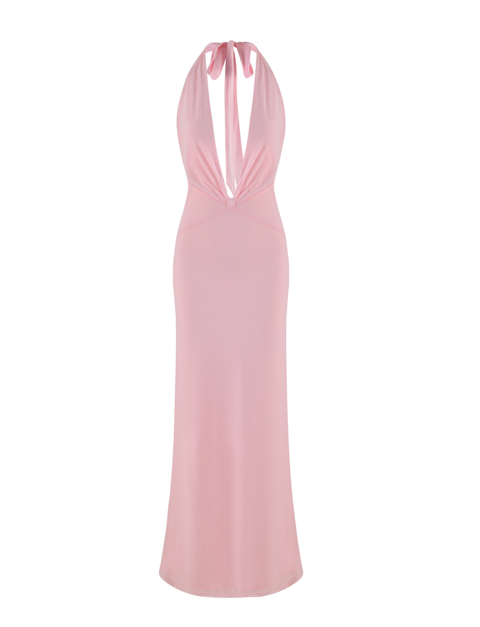 The TIGERMIST CRESSIDA MAXI DRESS in baby pink features a halter neck with ties, a plunging neckline, a fitted bodice, and a flowing maxi skirt for an elegant look.