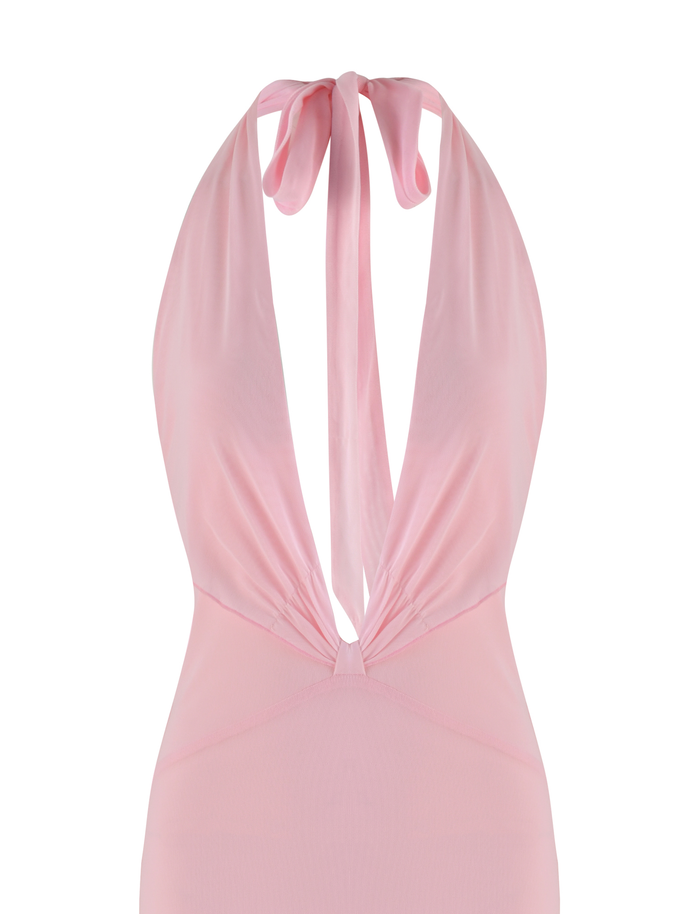The TIGERMIST CRESSIDA MAXI DRESS in baby pink is a sleeveless halter neck dress featuring a plunging neckline and neck tie, displayed against a white background.