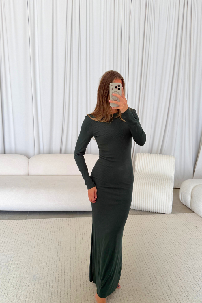 Cru Tiny Ribbed Maxi Dress in Evergreen - Bump Friendly