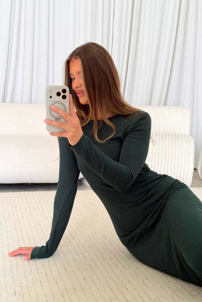 Cru Tiny Ribbed Maxi Dress in Evergreen - Bump Friendly