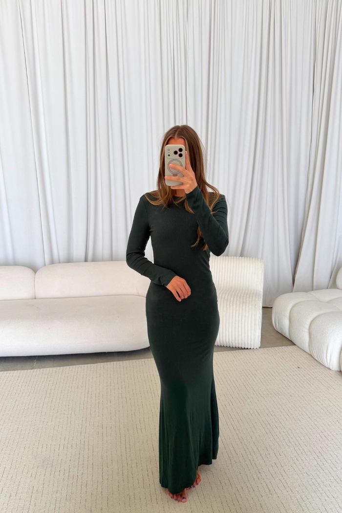 Cru Tiny Ribbed Maxi Dress in Evergreen - Bump Friendly