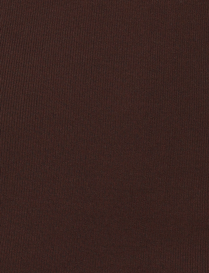 Close-up of the chocolate brown, finely ribbed CYPRESS MINI DRESS by TIGERMIST—featuring vertical lines, ideal for an off-the-shoulder, flattering bodycon fit.