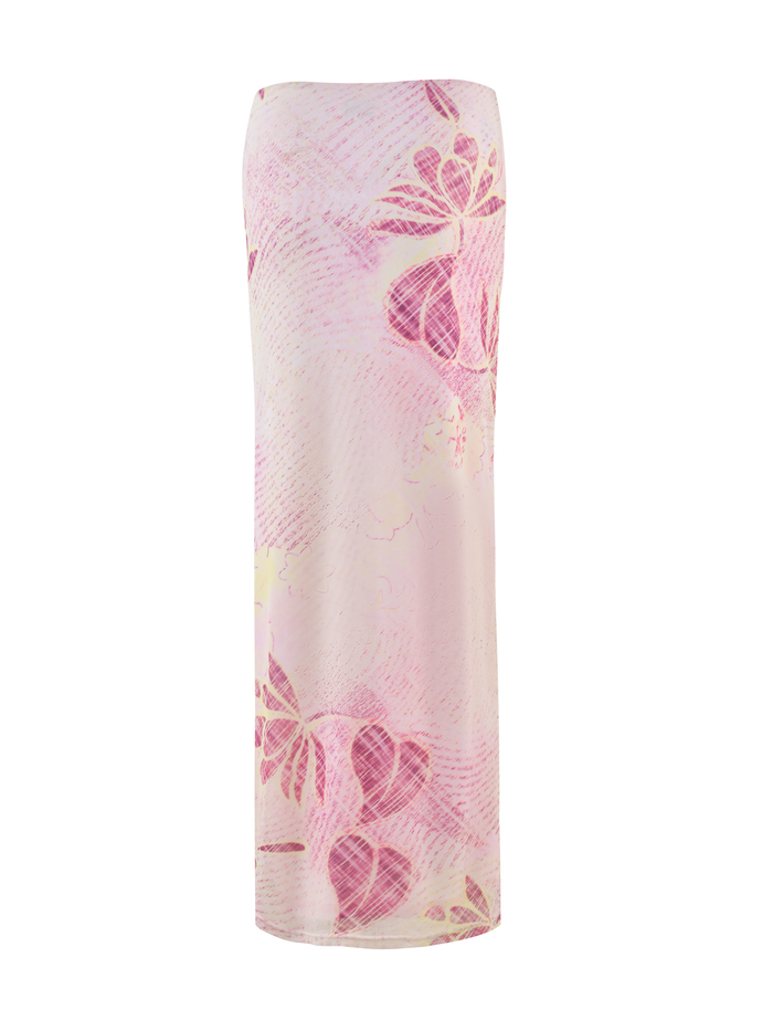 The TIGERMIST DALILA MIDI SKIRT in Grunge Floral Magenta features a lightweight fabric with a magenta and pink floral pattern and a straight, column silhouette.