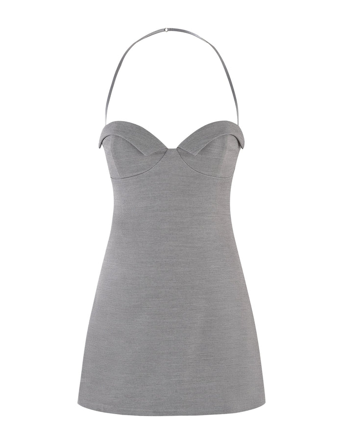 The DANICA DRESS - GREY by TIGERMIST is displayed on a white background, showcasing its sleek, knee-length design. It features a tailored fit with a fitted bodice, sweetheart neckline, and thin halter straps, made from a smooth, uniform fabric.