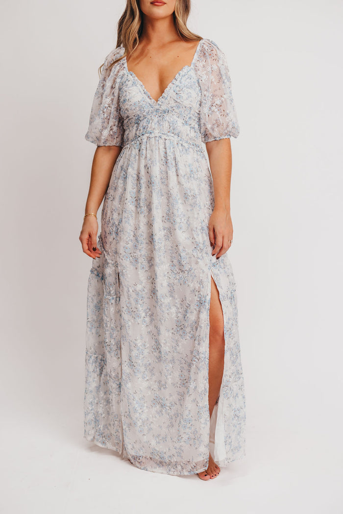 Daphne High Slit Eyelet Detail Maxi Dress in Blue/White Floral - Inclusive Sizing