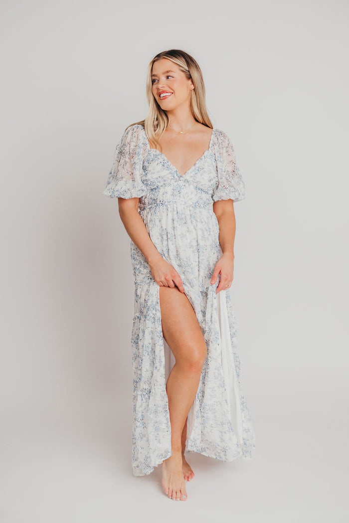 Daphne High Slit Eyelet Detail Maxi Dress in Blue/White Floral - Inclusive Sizing