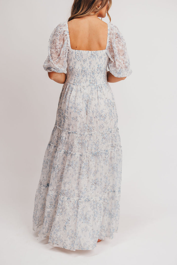Daphne High Slit Eyelet Detail Maxi Dress in Blue/White Floral - Inclusive Sizing
