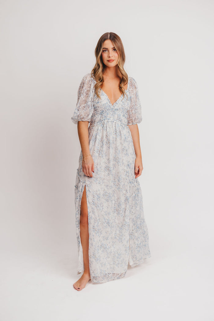Daphne High Slit Eyelet Detail Maxi Dress in Blue/White Floral - Inclusive Sizing