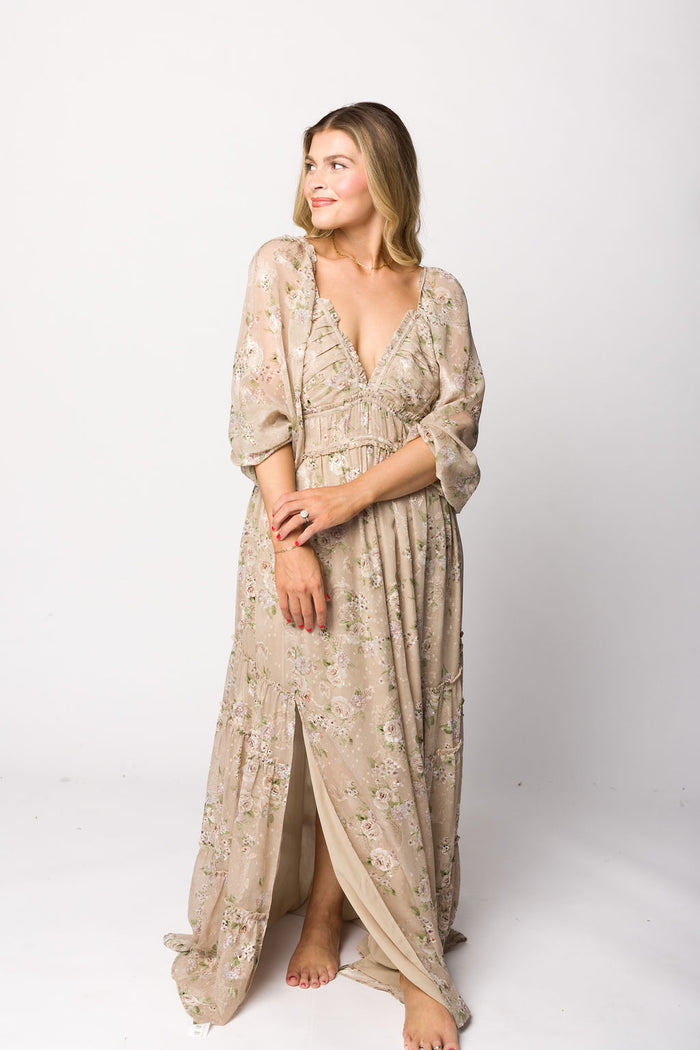 Daphne Long Sleeve Maxi Dress in Beige/Multi Floral - Bump Friendly & Inclusive Sizing (XS-3XL)