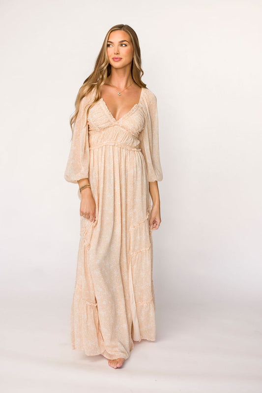 Daphne Long Sleeve Maxi Dress in Light Beige/White Floral - Bump Friendly *Final Sale*