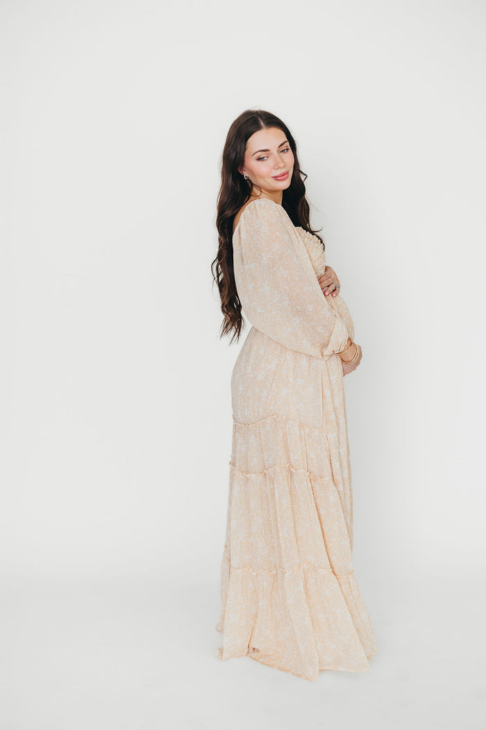 Daphne Long Sleeve Maxi Dress in Light Beige/White Floral - Bump Friendly *Final Sale*