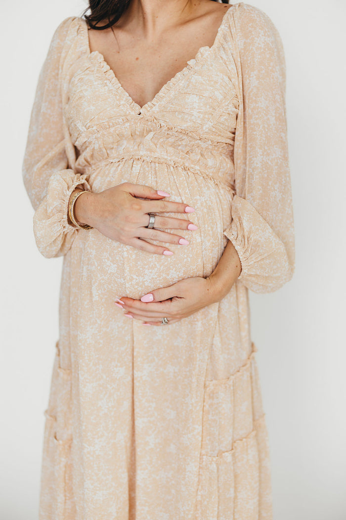 Daphne Long Sleeve Maxi Dress in Light Beige/White Floral - Bump Friendly *Final Sale*