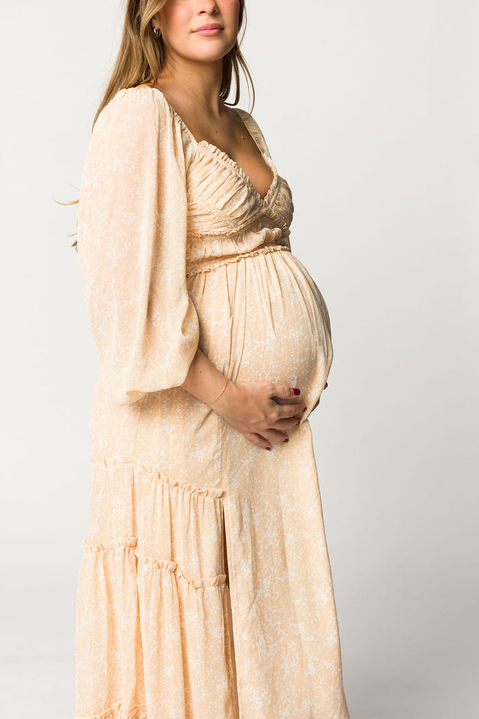 Daphne Long Sleeve Maxi Dress in Light Beige/White Floral - Bump Friendly *Final Sale*