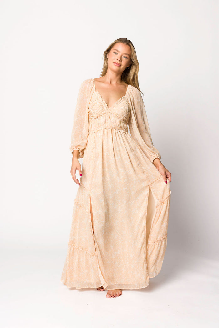 Daphne Long Sleeve Maxi Dress in Light Beige/White Floral - Bump Friendly *Final Sale*
