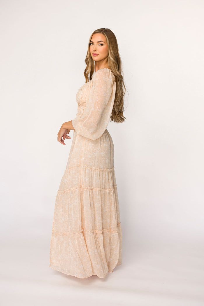 Daphne Long Sleeve Maxi Dress in Light Beige/White Floral - Bump Friendly *Final Sale*