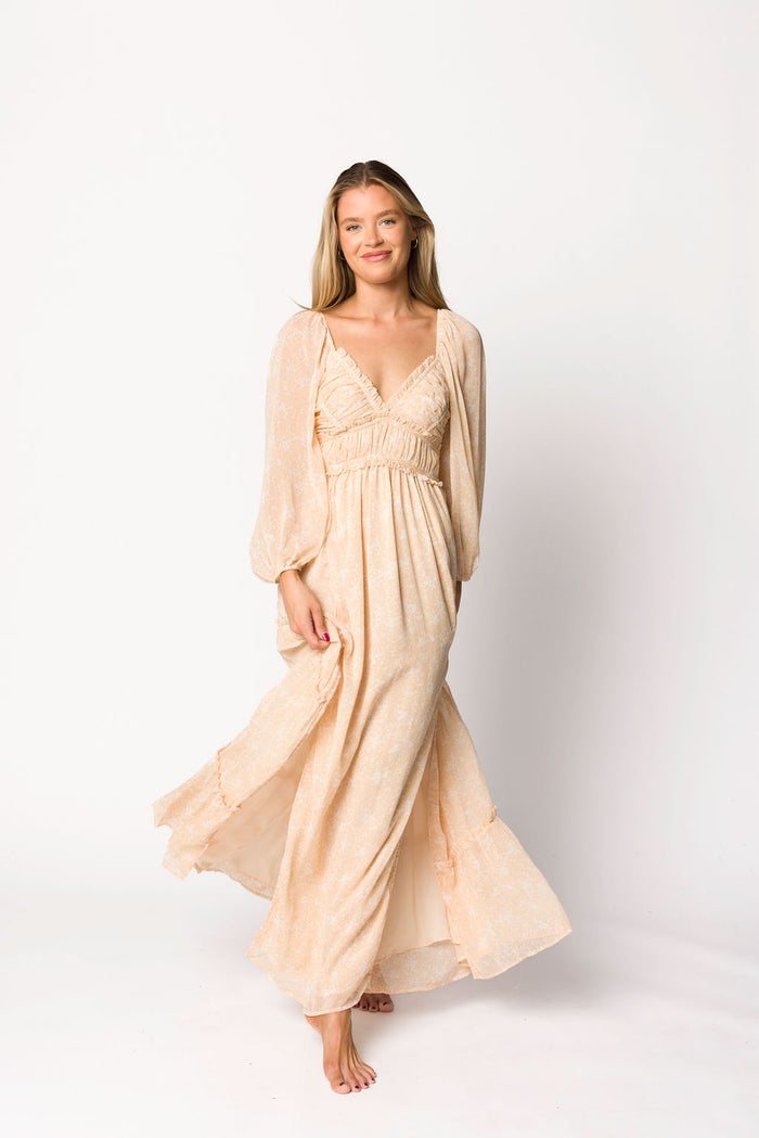 Daphne Long Sleeve Maxi Dress in Light Beige/White Floral - Bump Friendly *Final Sale*