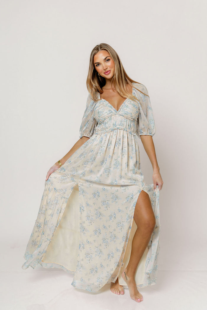 Daphne Maxi Dress in Peach/Blue Floral - Bump Friendly