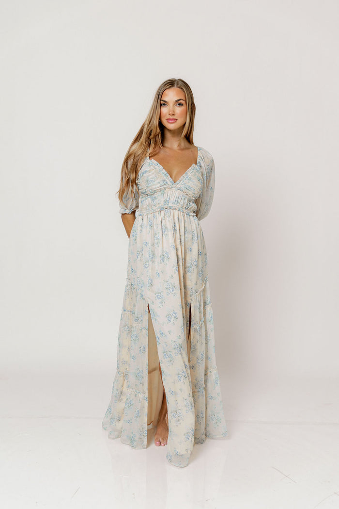 Daphne Maxi Dress in Peach/Blue Floral - Bump Friendly