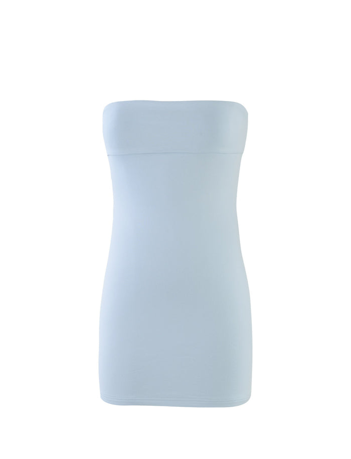Image of the Darielle Mini Dress in Dusty Blue by Tigermist. This strapless tube dress features a simple, sleek design that fits tightly to the body with a straight neckline and a mini-length cut. The smooth, stretchy fabric provides a form-fitting silhouette.