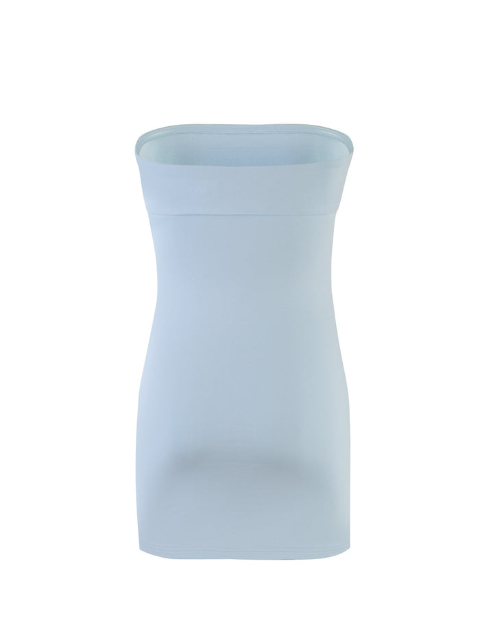 A DARIELLE MINI DRESS in Dusty Blue from TIGERMIST is displayed against a plain white background. The dress features a snug and fitted design, boasting a smooth and seamless appearance.
