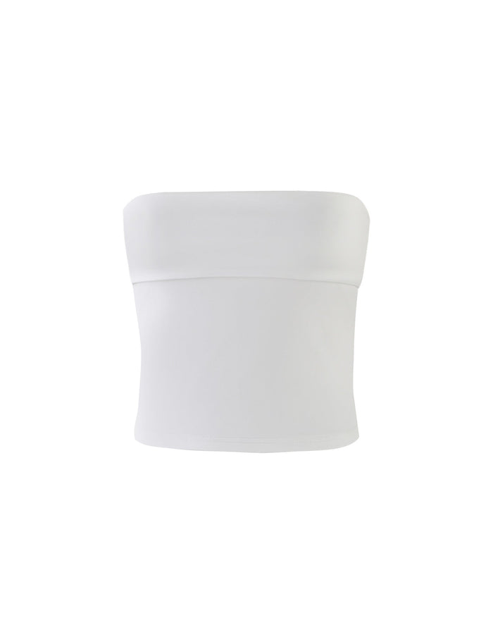 Image of the DARIELLE TOP - WHITE from TIGERMIST. This plain white, strapless tube top features smooth fabric in a fitted style that extends slightly below the chest. Set against an all-white background, the simplicity and minimalistic design of this TIGERMIST piece are highlighted.