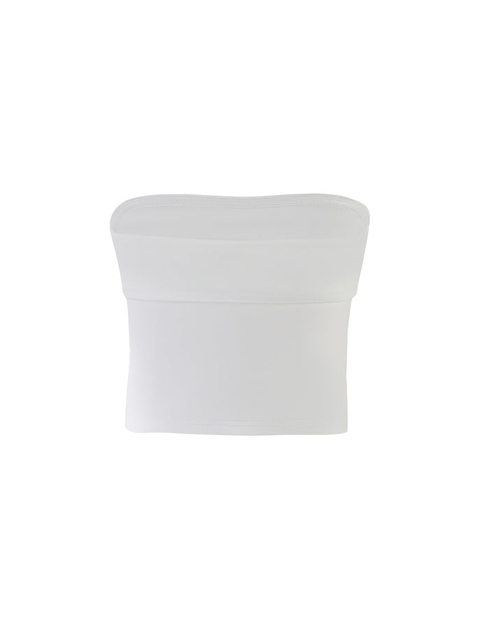 An image of the Darielle Top - White by TIGERMIST. The fabric appears smooth and stretchy, designed for a snug fit. This plain white strapless bandeau top features a simple, minimalist design with a straight neckline and hem. The background is plain white.