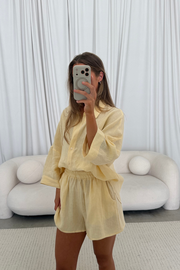 Davis 100% Linen Shorts in Creamy Yellow
