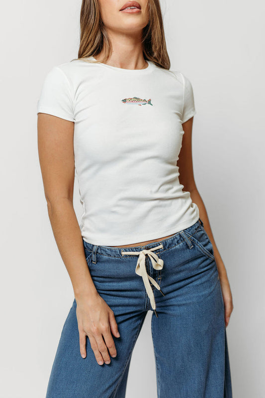 Deb Fish Embroidered Baby Tee in Off White