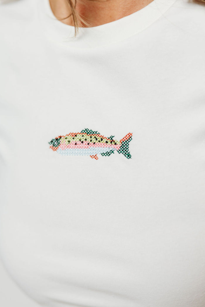 Deb Fish Embroidered Baby Tee in Off White