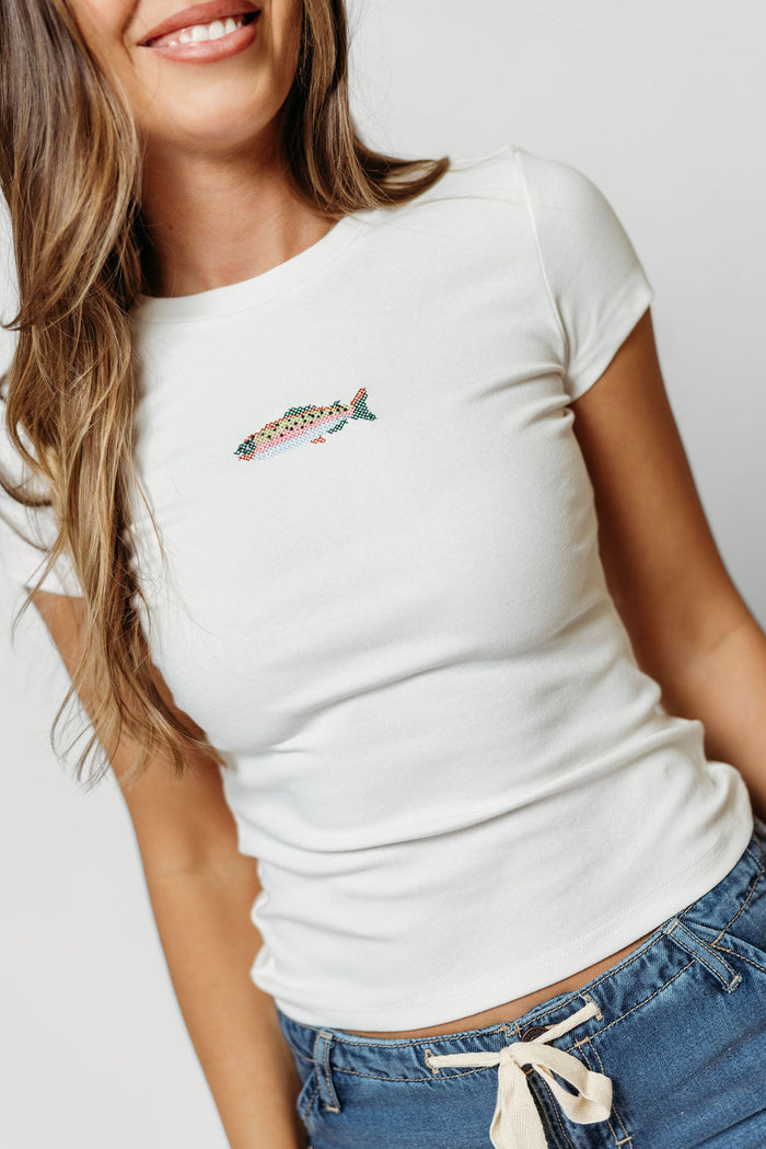 Deb Fish Embroidered Baby Tee in Off White