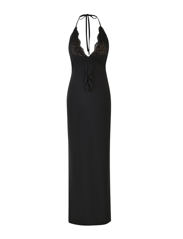 The DEENA MAXI DRESS - BLACK by TIGERMIST is a breathtaking sleeveless evening gown with lace bust cups on a halter bodice. It showcases a plunging neckline and tie-back design, offering a fitted silhouette and maxi length for an elegant appearance.