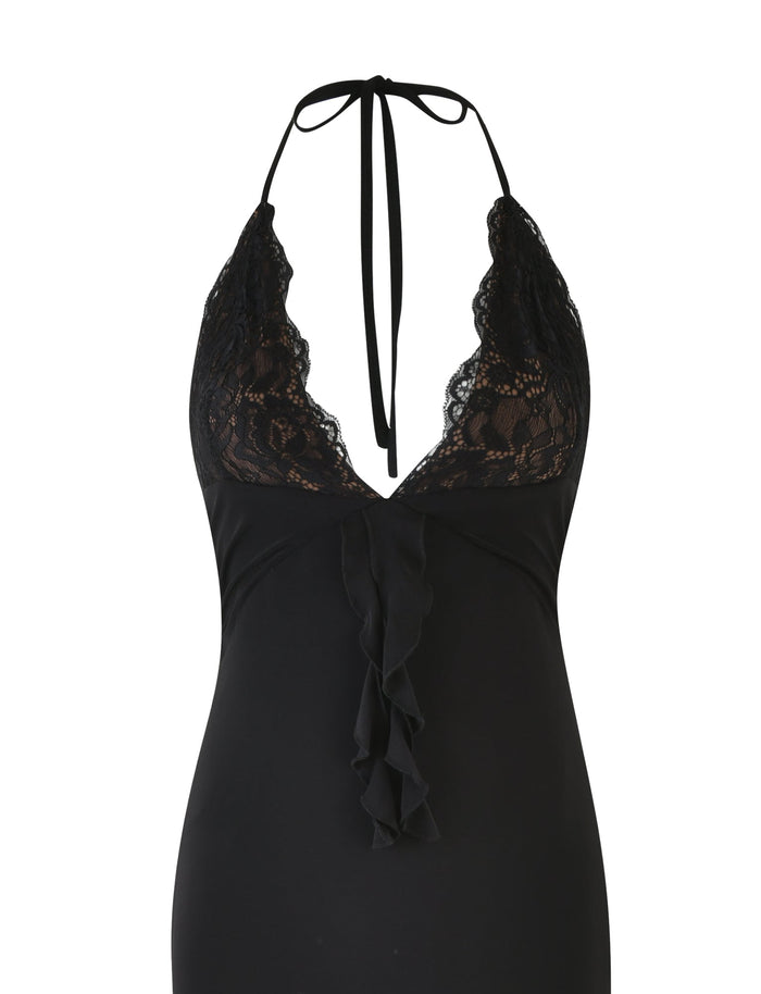 Introducing the DEENA MAXI DRESS - BLACK by TIGERMIST: a stunning black halter-neck gown featuring a lace bodice with delicate lace bust cups and a deep neckline, complemented by a ruffled design on the front that adds flair to its maxi length elegance.