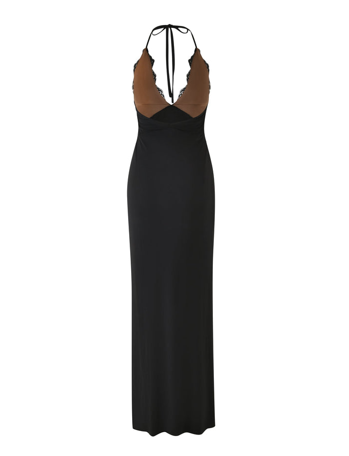 The DEENA MAXI DRESS - BLACK from TIGERMIST showcases a sleeveless black halter design with a deep V-neckline and maxi length. Brown accents adorn the bust, paired with lace bust cups, while the elegant lace trim highlights its long, fitted silhouette.