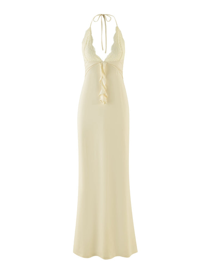 The DEENA MAXI DRESS - YELLOW : LEMON by TIGERMIST is a sleeveless, maxi-length gown in a vibrant lemon color. It boasts lace detailing around the halter neckline and lace bust cups, with a tied back and flowing silhouette, making it perfect for any elegant occasion.